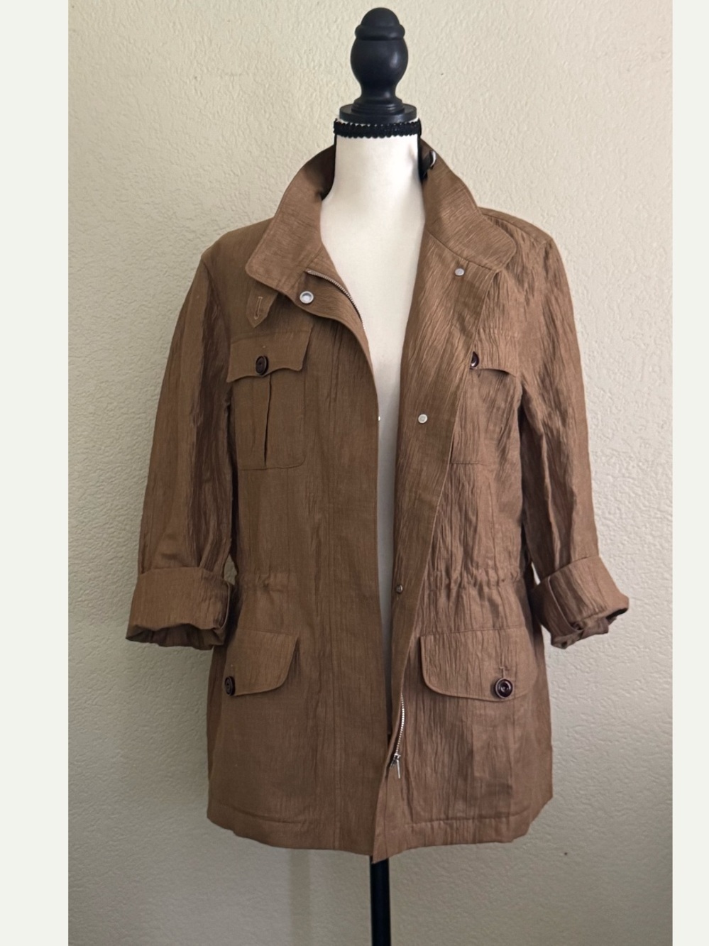 MARIUS Linen Blend Utility Safari Jacket Camel Stand Collar 4 Pocket Size S